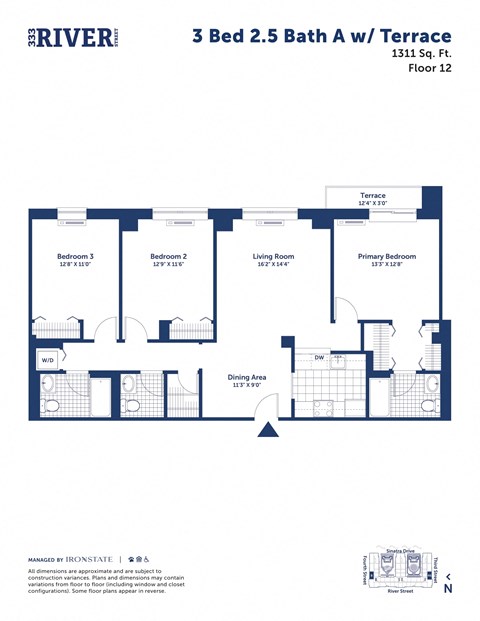 Floor plan for 3 beds, 2.5 baths, 1311 sqft
